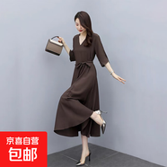2025夏裝新款氣質(zhì)純色V領(lǐng)連衣裙女夏寬松顯瘦高端法式赫本長(cháng)裙子 咖色 SBY21B03211 M 106-115斤