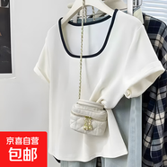 法式方領(lǐng)拼接正肩短袖t恤女夏季新款小眾設(shè)計(jì)撞色感顯瘦百搭體恤 R283-白色 S 建議80-95斤