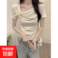 白色正肩蝴蝶結(jié)短袖女夏季設(shè)計(jì)感不規(guī)則修身緊身短款法式上衣 杏色 【KK-R299】 2XL