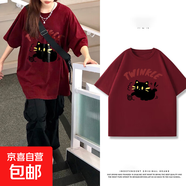 黑色短袖女t恤夏2025夏季220克純棉半袖大碼女裝胖mm寬松上衣Y 2180酒紅色(線(xiàn)團貓紅) L