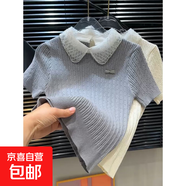 撞色蕾絲娃娃領(lǐng)短袖正肩T恤女夏季韓系短款修身冰絲針織上衣薄款 灰色 L