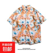 東南亞夏威夷短袖花襯衫五分袖男女同款情侶沙灘度假夏季碎花襯衣 5115黃色 L