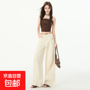 美式復(fù)古高腰寬松闊腿牛仔褲女2025夏季新款顯瘦休閑長褲 杏色 長褲 S