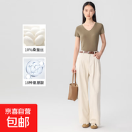 【之禾制造商】桑蠶絲免燙螺紋短袖t恤女休閑正肩透氣短袖上衣HYM 橄欖綠V領(lǐng) L