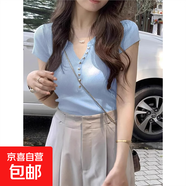 粉色冰絲針織短袖t恤女夏季新款體恤顯瘦短款正肩甜辣小上衣BYNT 藍色 XL