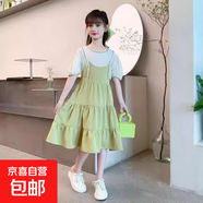 女童連衣裙夏裝2025新款女孩夏季雪紡公主裙童裝兒童假兩件吊帶裙 卡其色 170