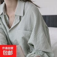 棉麻襯衫女夏小個(gè)子開(kāi)衫罩衫泡泡袖寬松襯衣長(cháng)袖薄款外套上衣 綠色 XL