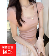 蕾絲蝴蝶結(jié)彈力螺紋辣妹短袖T恤女顯瘦短袖短款露臍上衣SJ#A25 粉色 L 建議100-110斤
