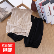 男童背心套裝女童新款洋氣兒童防蚊褲兩件套男孩無(wú)袖夏裝七分褲潮 燕麥色+黑色七分褲 120
