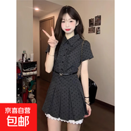 韓系復(fù)古假兩件波點(diǎn)短袖連衣裙女夏季學(xué)院風(fēng)穿搭收腰顯瘦a字短裙 灰色 XL