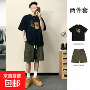 純棉重磅短袖t恤男寬松套裝夏季潮流工裝五分褲帥氣兩件套衣服男 V186棉T黑色+工裝短褲綠色 XL