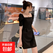 2025夏季新款泡泡袖連衣裙氣質(zhì)裙子修身顯瘦一字領(lǐng)女裝裙子 黑色 M