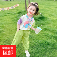 【女童夏季套裝】2025新款洋氣兒童衣服短袖褲子小女孩拼色兩件 綠色 薄款 100 cm