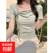 白色正肩蝴蝶結短袖女夏季設計感不規則修身緊身短款法式上衣 綠色 【KK-R299】 XL