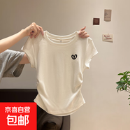 純棉螺紋短袖t恤女設(shè)計(jì)感褶皺夏季新款修身收腰顯瘦正肩上衣女885 白色0246小愛心印花 S 建議90斤以下