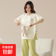 睡衣女夏款拉架棉短袖長(cháng)褲外穿女涼感棉家居服套裝 63001#米黃 M