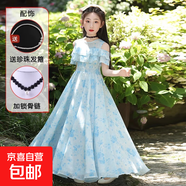 女童連衣裙2025新款兒童裝碎花朵長(cháng)裙中大童夏季雪紡公主裙子夏裝 086仙藍色+發(fā)箍+鎖骨鏈 150
