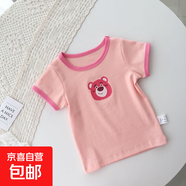 夏款洋氣嬰兒可愛(ài)女寶寶短袖女童上衣夏季兒童t恤小童圓領(lǐng)半袖衫 粉紅色 粉小熊 80