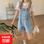 減齡氣質(zhì)設計感小眾牛仔背帶短褲女2025夏季薄款洋氣顯瘦連體褲潮 藍色徽章背帶短褲單款 M