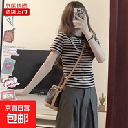 正肩短款港味復古條紋短袖t恤女夏季小眾韓版顯瘦設計感RL#A017# A017#黑灰色 L 【97-110斤】