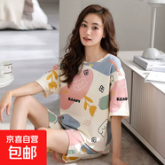 日系睡衣女云朵棉夏季短袖短褲少女高級感休閑潮流外穿家居服套裝 D.M-37花朵熊雙短 L