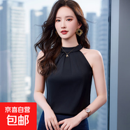 仿真絲露肩掛脖上衣女夏季設(shè)計感小眾外穿美人肩吊帶無袖背心正裝 黑色 （RF0075） 3XL 碼127-135斤