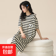 睡裙女夏季短袖休閑家居服2025新款長(zhǎng)款連衣裙少女士條紋夏天睡衣 A11902 L