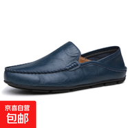 【真皮透氣】休閑皮鞋男駕車(chē)鞋透氣懶人鞋軟底豆豆鞋軟皮一腳蹬 藍色 42
