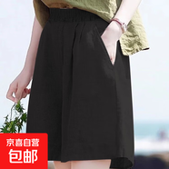 亞麻五分褲寬松復古休閑短褲棉麻女褲 黑色 L 建議【105-120斤】