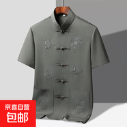 唐裝男中老年休閑短袖套裝夏季爸爸裝新中式男裝老年人晨練衣服夏 20503-福龍【短袖上衣】深灰 M /40/170【115-130斤穿】