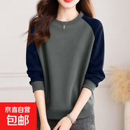 【全網(wǎng)爆款】復(fù)古印花圓領(lǐng)拼接衛(wèi)衣女打底舒適寬松長袖上衣 高級灰 M碼