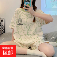 日系睡衣女云朵棉夏季短袖短褲少女高級感休閑潮流外穿家居服套裝 D.M-02小恐龍雙短 XL