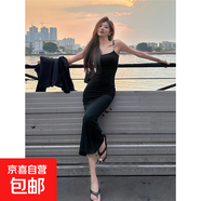 立體字母吊帶包臀連衣裙2025夏季新款法式辣妹性感修身魚尾長裙女 黑色 L