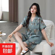 2025年夏季薄款短袖女士睡衣仿真絲春秋款冰雪絲可外穿家居服套裝 綠底小碎花 【短袖+短褲】 XL 【推薦120-140斤】