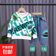 男童春秋裝套裝洋氣休閑裝兒童春秋款衛衣兩件套潮童裝兩件套春秋 潮流字母套裝-綠色 100 碼建議身高95公分左右