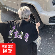 藤蔓花卉印花純棉短袖t恤男士夏季2025新款美式高街潮牌上衣YXSJ 1450黑色 XL （喜歡寬松建議拍大一碼）