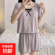 莫代爾棉夏季睡衣女帶胸墊蝴蝶結(jié)蕾絲花邊方領(lǐng)短袖短褲家居服套裝 1813紫色 XL