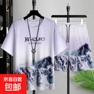 夏季中國(guó)風(fēng)短袖t恤男士新款潮流百搭運(yùn)動(dòng)套裝寬松大碼男裝半袖DM 潮人假山峰灰套裝 4XL