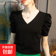 短袖t恤女2025新款夏純棉純色泡泡袖上衣V領(lǐng)修身顯瘦正肩爆款體恤 K7-黑色 2XL 建議125-135斤