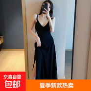新款吊帶小黑裙性感溫柔v領(lǐng)打底復古長(cháng)款側開(kāi)叉黑色連衣裙女 黑色 M