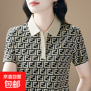 女裝洋氣媽媽翻領(lǐng)短袖t恤女士夏季新款寬松顯瘦POLO衫女印花上衣 829-深杏色 XL 【建議110-125斤】