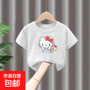 女童夏季純棉短袖T恤女孩寶寶中小童夏裝薄上衣可愛KT貓打底衫-SL KT貓#后包T 白色 130 (建議50-60斤)