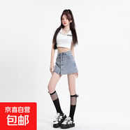 高腰牛仔半身裙褲女夏梨型身材遮胯a字短裙排扣設(shè)計感大碼包臀裙 藍色 2XL