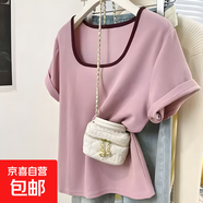 法式方領(lǐng)拼接正肩短袖t恤女夏季新款小眾設(shè)計(jì)撞色感顯瘦百搭體恤 R283-粉色 XL 建議115-130斤