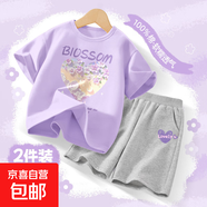 【2件套】女童套裝夏季2025新款洋氣純棉短袖女孩運(yùn)動(dòng)服兒童夏裝 夏光香芋紫+兩線心K灰 160
