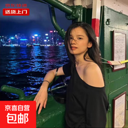 斜肩露肩t恤女短袖夏季新款寬松顯瘦遮肉一字肩辣妹上衣RL#K004# K004#黑色 S 【110斤以下】