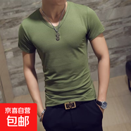 妄潮大碼短袖t恤男士半袖修身內搭純色打底衫簡(jiǎn)約健身長(cháng)袖t恤上衣 【純色短TV領(lǐng)】軍綠 XL 建議體重115-125斤