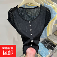 鉤花鏤空針織衫正肩短袖T恤女2025春夏大碼胖mm掐腰小衫減齡上衣 123黑色 均碼