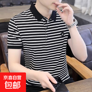 夏季新款條紋短袖t恤男薄款翻領(lǐng)潮流男裝上衣輕薄涼爽寬松百搭D 共惠P0080黑色 3XL