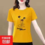 純棉短袖t恤女裝2025夏季新款寬松顯瘦圓領(lǐng)百搭印花打底衫上衣607 姜黃蓮花 3XL 【建議135-145斤】